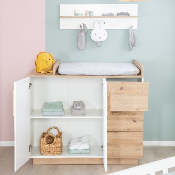 Cassettiera per bambini bianca/di colore naturale con effetto rovere con fasciatoio 118x103x79 cm Lion – Roba-image-1