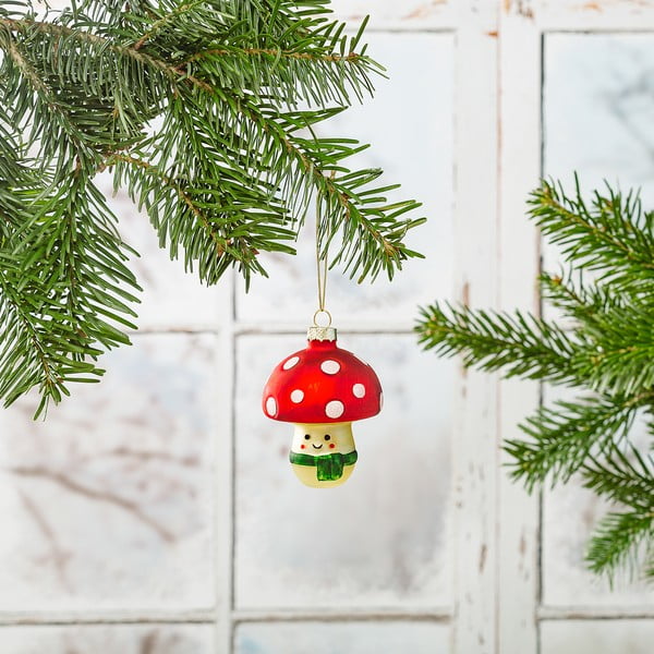 Decorazione per albero di natale in vetro fatta a mano ø 6 cm Happy Mushroom – Sass & Belle-image-1