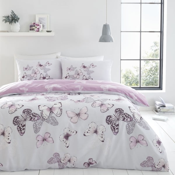 Set copripiumino e federa rosa e grigio chiaro per letto matrimoniale e per letto esteso 230x220 cm Scatter Butterfly – Catherine Lansfield-image-1