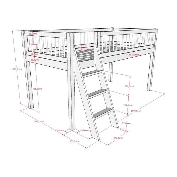 Letto per bambini in legno di faggio bianco rialzato 90x200 cm Forrest - Vipack-image-3