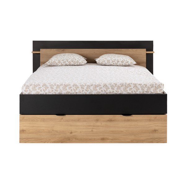 Letto matrimoniale effetto rovere con contenitore senza griglia in colore nero-naturale 140x190 cm Albo - Marckeric-image-4