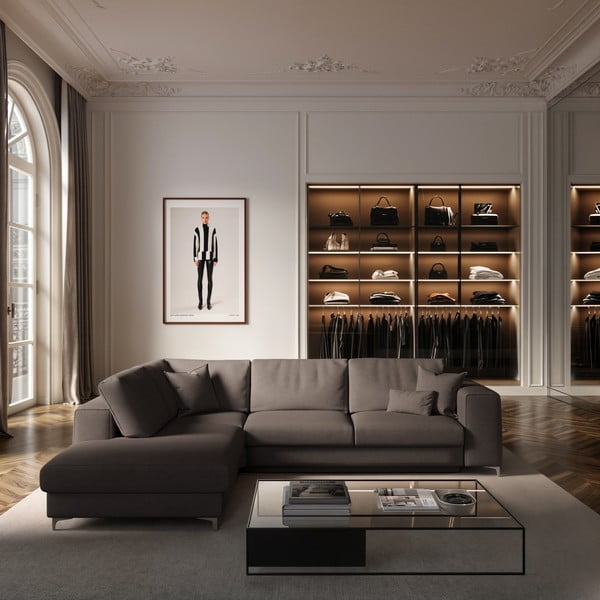 Divano angolare grigio tortora allungabile e con contenitore (con penisola a sinistra e forma a L) rivestito in velluto Rene – Rodier-image-1