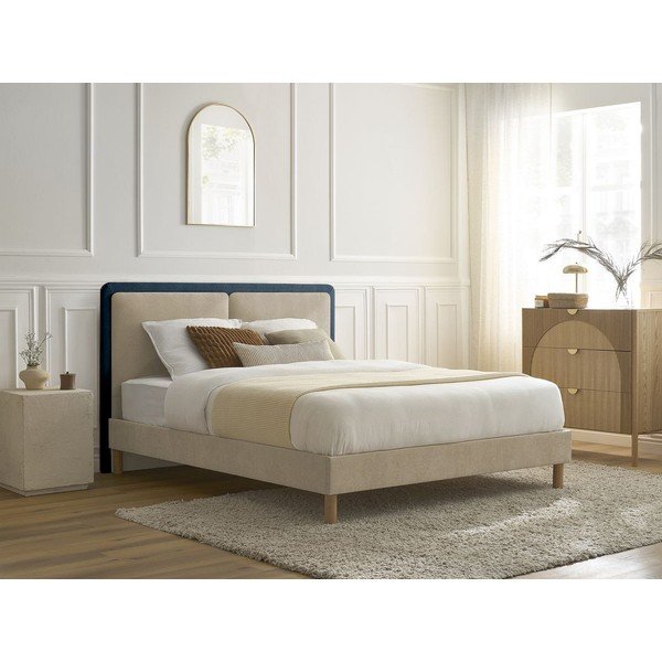 Letto matrimoniale imbottito blu/beige imbottito con rete inclusa 180x200 cm Mara – Bobochic Paris-image-1