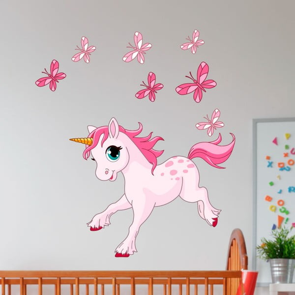 Adesivi murali per bambini Unicorno rosa e papillons - Ambiance-image-1