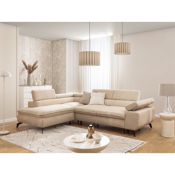 Divano angolare beige (con penisola a sinistra/a L) con rivestimento in ciniglia Marbeya  – Ropez-image-1