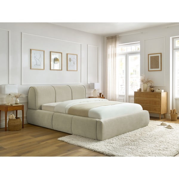 Letto matrimoniale imbottito beige con contenitore con griglia 160x200 cm Vernon - Bobochic Paris-image-1