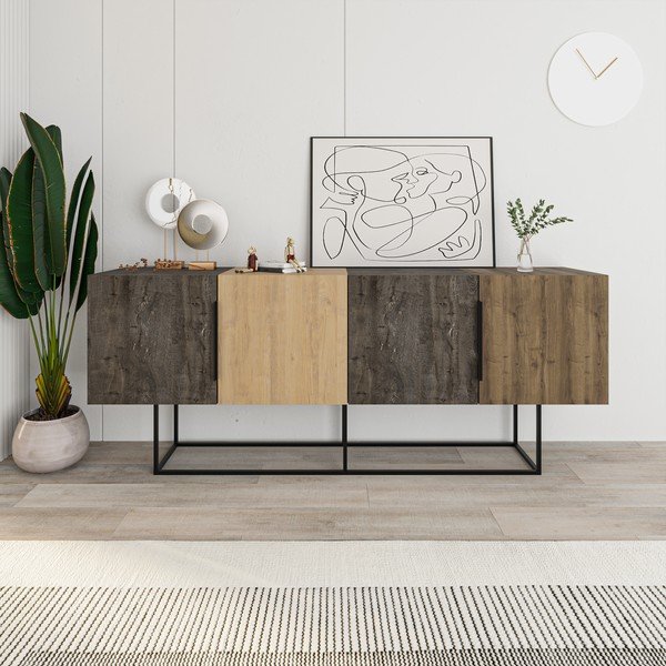 Cassettiera bassa in rovere decorato in colore marrone-naturale 200x80 cm Titan - Marckeric-image-4
