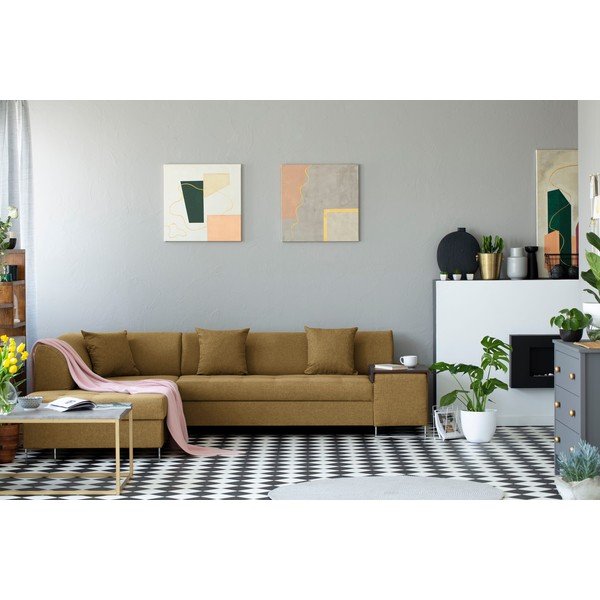 Medově žlutá rohová rozkládací pohovka s nohami ve stříbrné barvě Cosmopolitan Design Orlando, levý roh-image-1