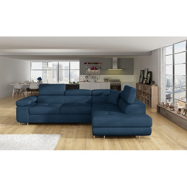 Divano angolare blu allungabile/con contenitore (con penisola a destra/a L) e rivestimento in velluto Anton – ELTAP-image-1