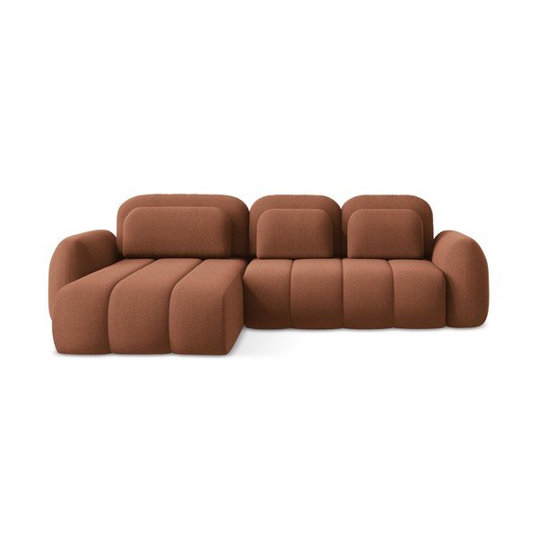 Divano angolare color terracotta allungabile/con contenitore (con penisola a sinistra/con chaise lounge) con rivestimento in bouclé Pele – Makamii