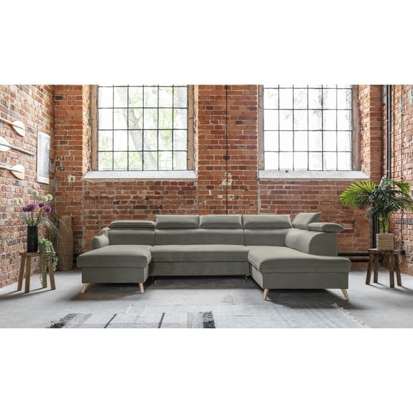 Divano letto angolare in velluto grigio chiaro a "U" (angolo destro) Sweet Harmony - Miuform-image-1