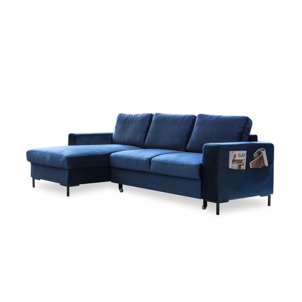 Divano letto angolare in velluto blu navy, angolo sinistro Lofty Lilly - Miuform