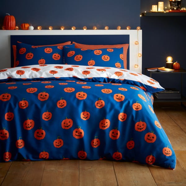 Set copripiumino e federa blu e arancione per letto matrimoniale 200x200 cm Halloween Pumpkins – Catherine Lansfield-image-1