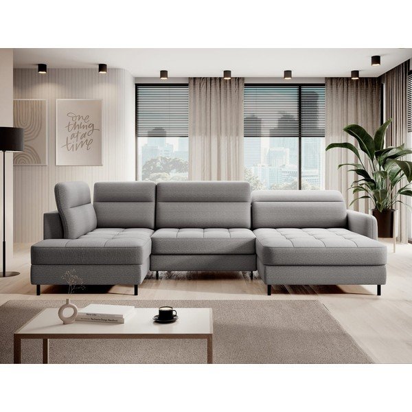 Divano angolare grigio chiaro allungabile/con contenitore (con penisola a sinistra/a U) e rivestimento in velluto Berrto – ELTAP-image-1