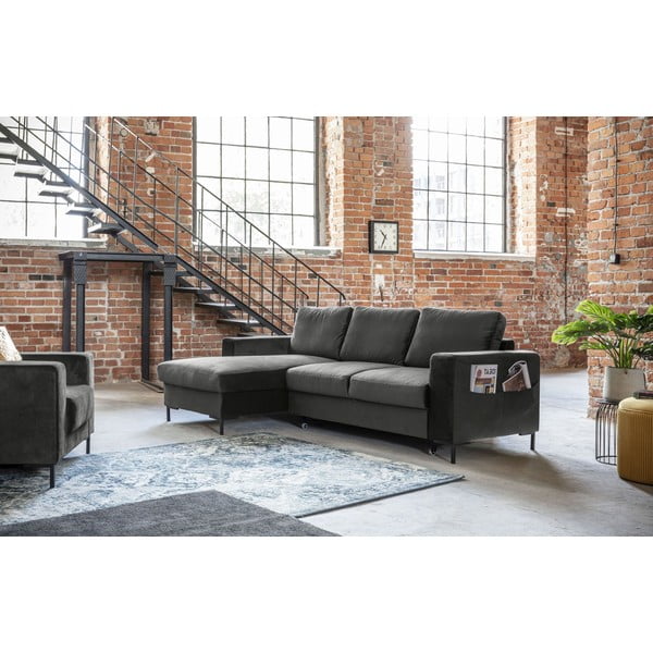 Divano letto angolare in velluto grigio scuro, angolo sinistro Lofty Lilly - Miuform-image-3