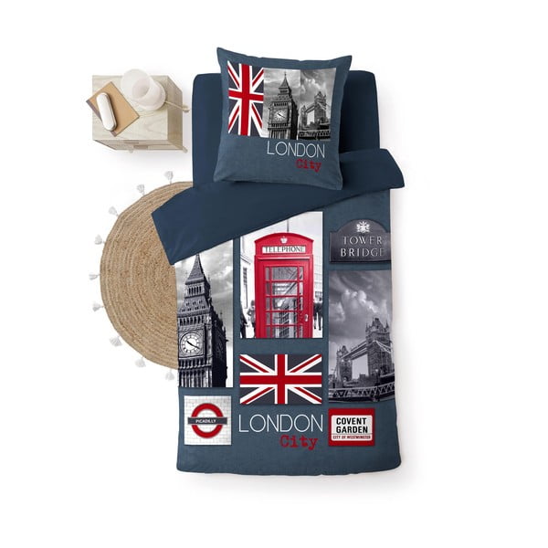 Set copripiumino e federa blu scuro in cotone per letto singolo 140x200 cm City London – douceur d'intérieur