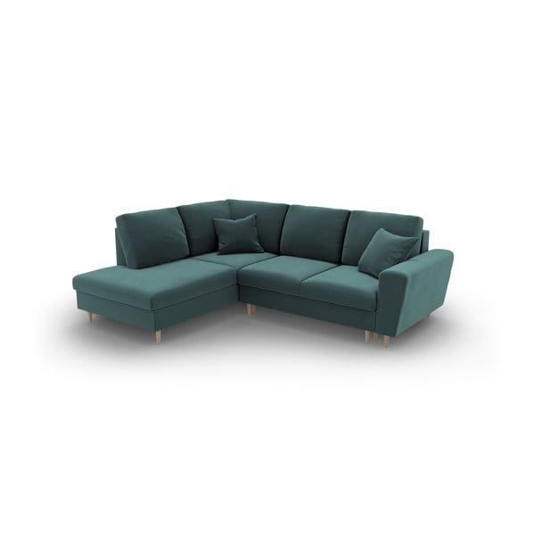 Divano angolare color petrolio allungabile e con contenitore (con penisola a sinistra/a L) con rivestimento in velluto Kyoto – Cosmopolitan Design-image-1