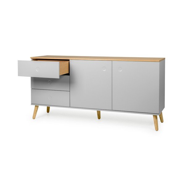 Credenza a due ante grigia con gambe in rovere e 3 cassetti Dot - Tenzo-image-3