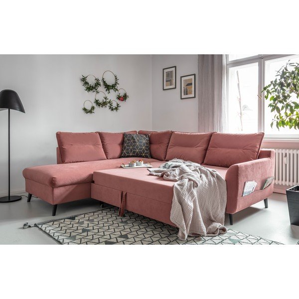 Divano letto angolare in velluto rosa L, angolo sinistro Stylish Stan - Miuform-image-4