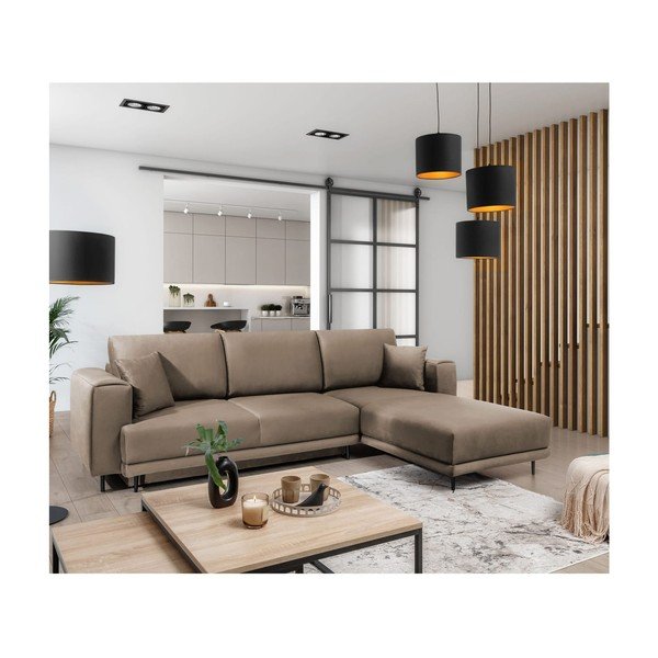 Divano angolare marrone chiaro allungabile/con contenitore (con penisola a destra/con chaise lounge) e rivestimento in velluto Dalia – ELTAP-image-4