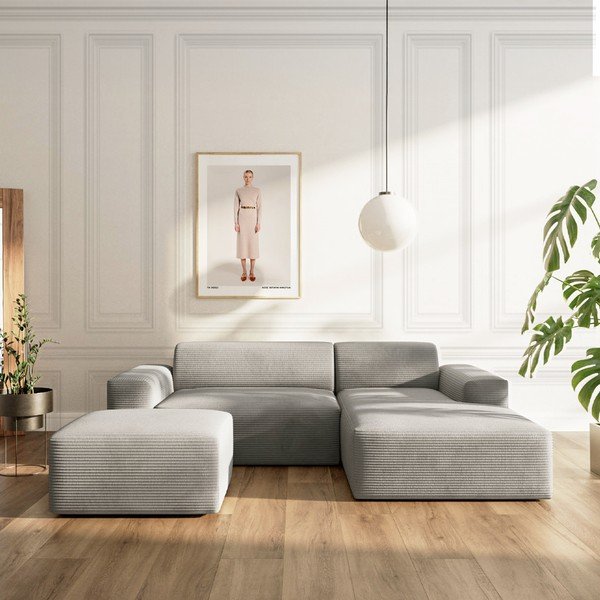 Divano angolare grigio allungabile e con contenitore (con penisola a destra e chaise lounge) rivestito in velluto a coste Villet – Rodier-image-1