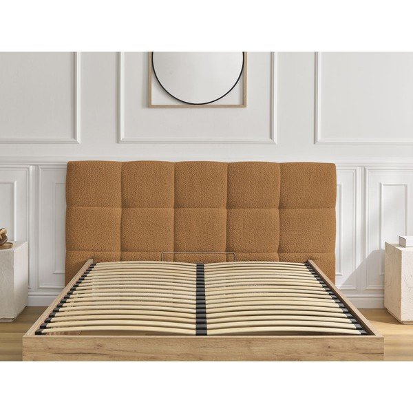 Letto matrimoniale imbottito/in truciolato giallo ocra imbottito con contenitore con rete inclusa 180x200 cm Kumo – Bobochic Paris-image-4