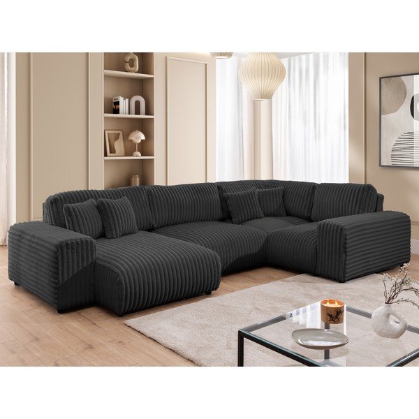 Divano angolare grigio scuro (con penisola a destra/a U) rivestito in velluto a coste Justin – Ropez-image-4