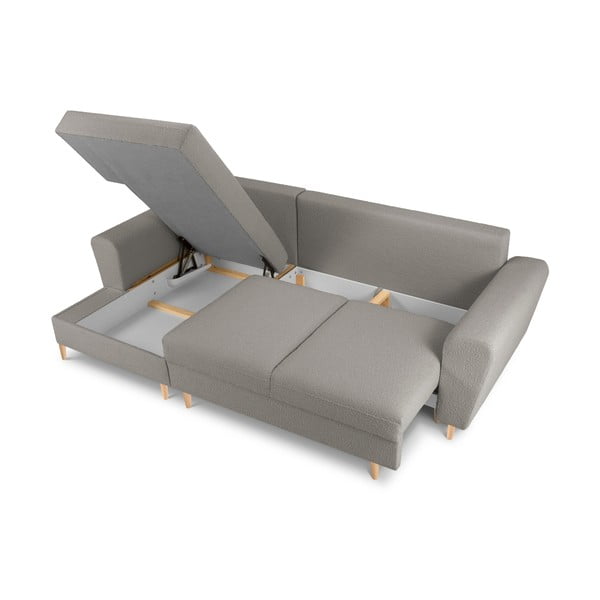 Divano angolare grigio chiaro allungabile e con contenitore (con penisola a sinistra/con chaise lounge) con rivestimento in bouclé Kyoto – Cosmopolitan Design-image-3