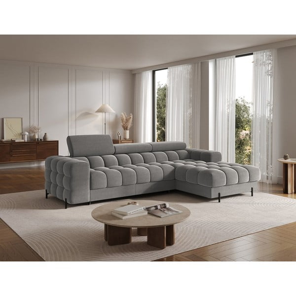 Divano angolare grigio tortora allungabile/con contenitore (con penisola a destra/con chaise lounge) con rivestimento in velluto Felro – ELTAP-image-3