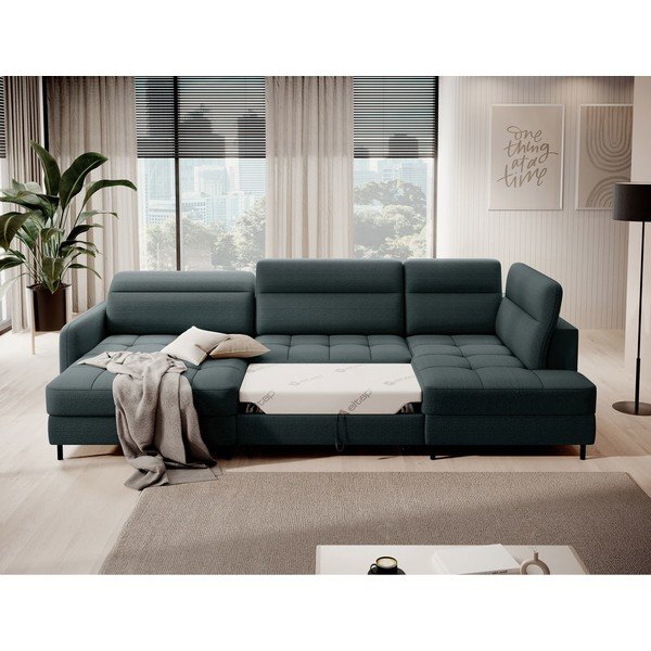 Divano angolare verde allungabile/con contenitore (con penisola a destra/a U) e rivestimento in velluto Berrto – ELTAP-image-4