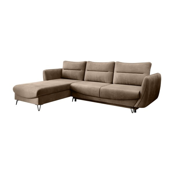 Divano angolare marrone chiaro allungabile/con contenitore (con penisola a sinistra/con chaise lounge) e rivestimento in velluto Silva – ELTAP