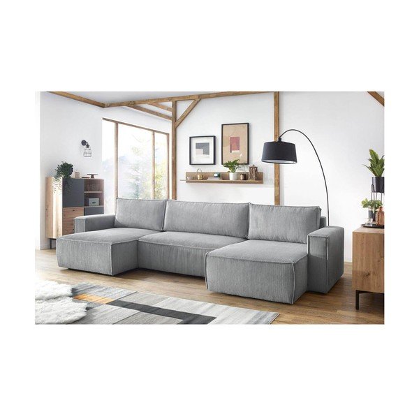 Divano letto angolare a "U" in velluto a coste grigio chiaro Nihad - Bobochic Paris-image-1