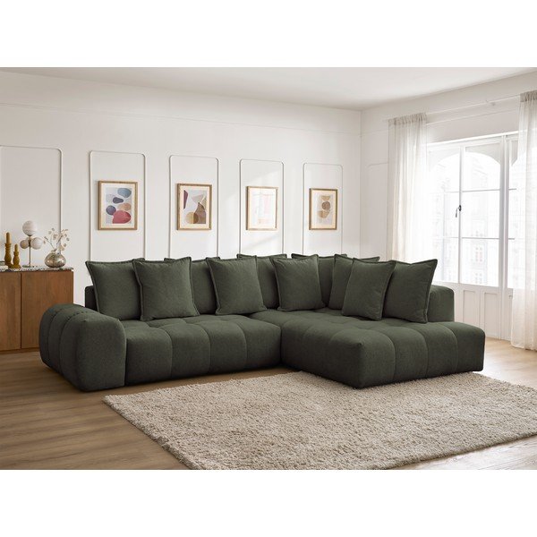 Divano angolare verde allungabile e con contenitore (penisola a destra/a L) con rivestimento in ciniglia Everest – Bobochic Paris-image-1