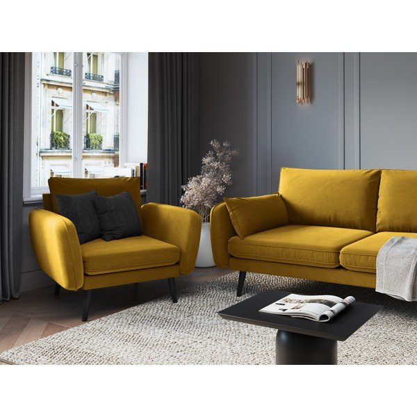 Poltrona in velluto giallo con gambe nere Lento - Kooko Home-image-4