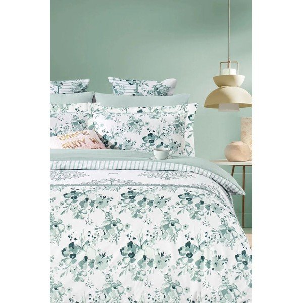 Biancheria da letto bianca/verde in cotone renforcé per letto matrimoniale/per letto esteso con lenzuolo incluso/4 pezzi 200x220 cm – Mila Home-image-1