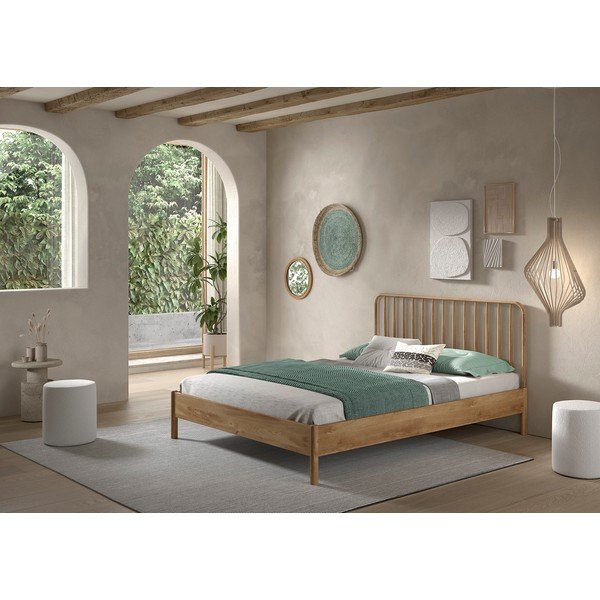 Letto matrimoniale di colore naturale in rovere massiccio rete non inclusa 160x200 cm Olive Spindle – Vipack-image-1