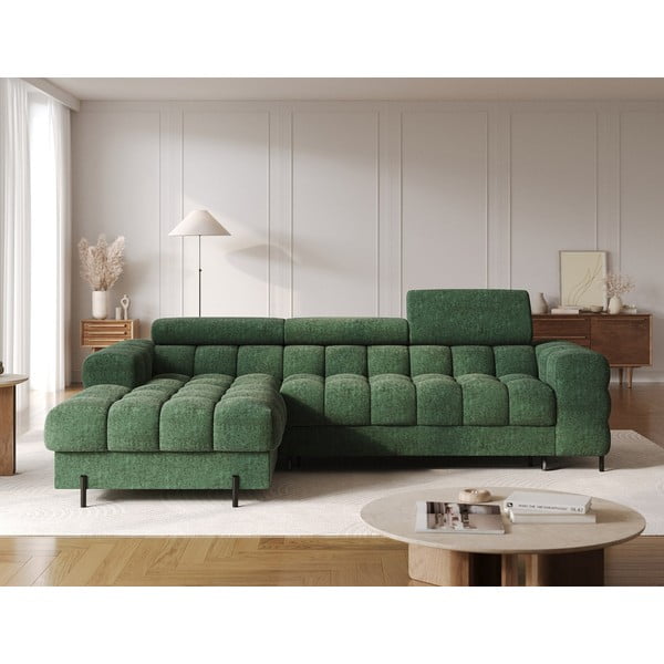 Divano angolare verde allungabile/con contenitore (con penisola a sinistra/con chaise lounge) con rivestimento in bouclé Felro – ELTAP-image-1