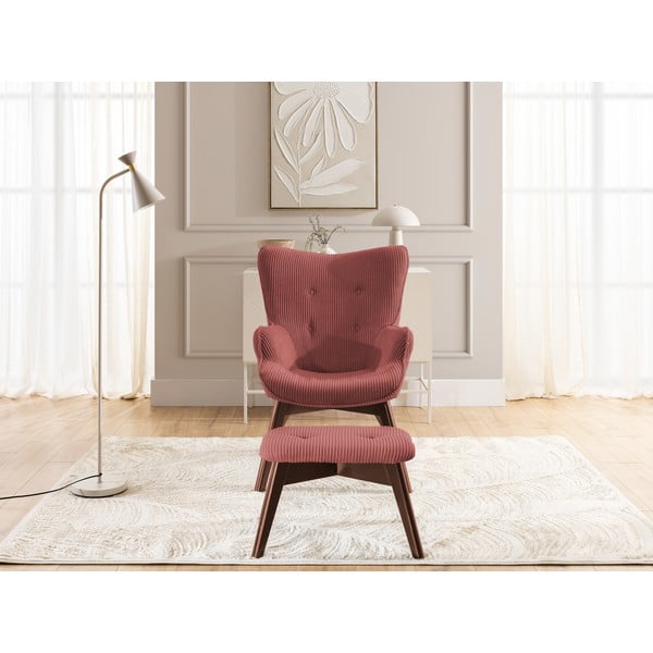 Poltrona con poggiapiedi rossa con rivestimento in velluto a coste Niko – Ropez-image-1