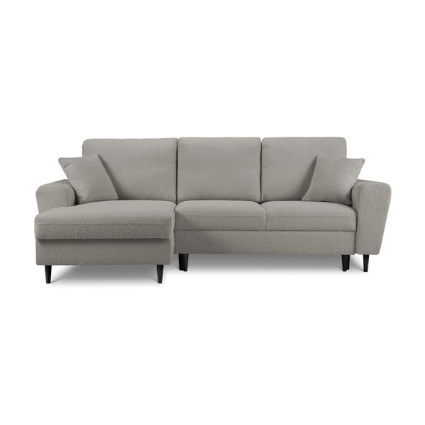 Divano angolare grigio chiaro allungabile e con contenitore (con penisola a sinistra/con chaise lounge) con rivestimento in bouclé Kyoto – Cosmopolitan Design