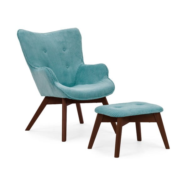 Poltrona con poggiapiedi turchese con rivestimento in velluto a coste Niko – Ropez