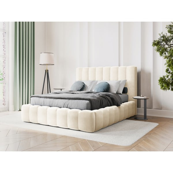 Letto matrimoniale imbottito beige con contenitore con griglia 200x200 cm Kelp - Micadoni Home-image-1