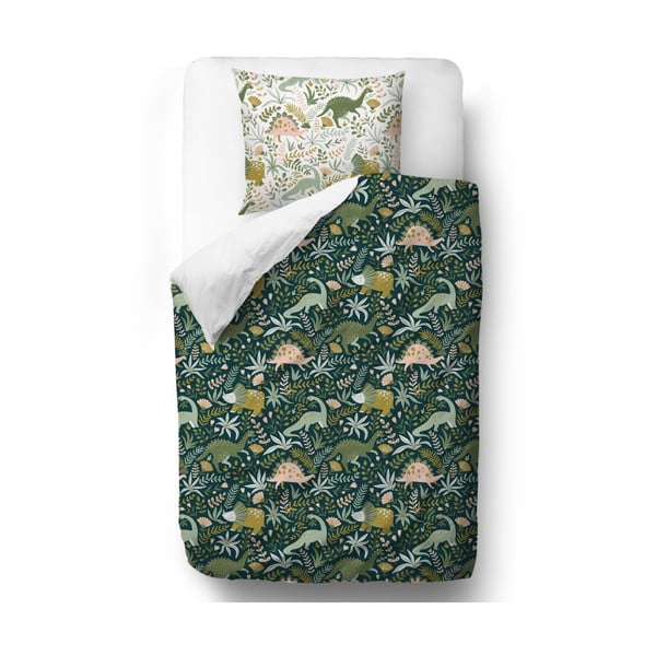 Biancheria da letto in cotone sateen verde scuro Fox Friendly Dinosaurus, 100 x 130 cm - Butter Kings