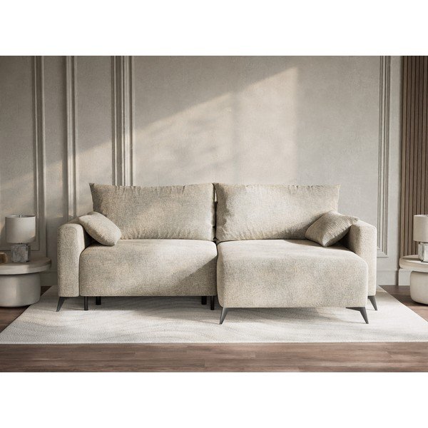 Divano angolare beige allungabile/con contenitore (con penisola a destra/con chaise lounge) con rivestimento in ciniglia Leon – Maison de Rêve-image-1
