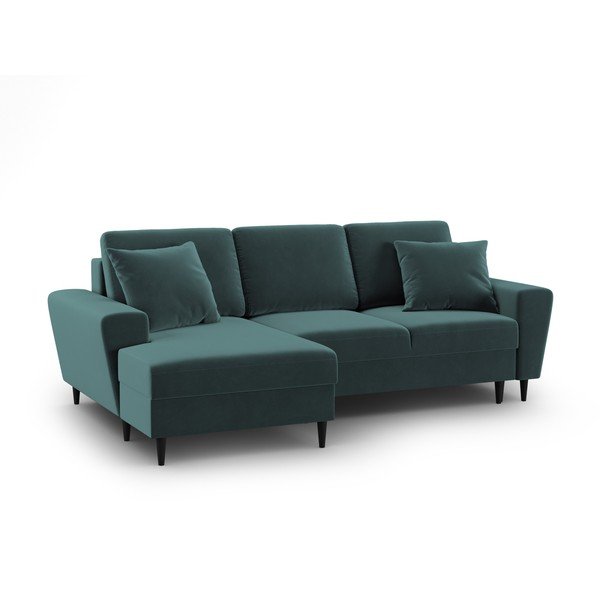 Divano angolare color petrolio allungabile e con contenitore (con penisola a sinistra/con chaise lounge) con rivestimento in velluto Kyoto – Cosmopolitan Design-image-1