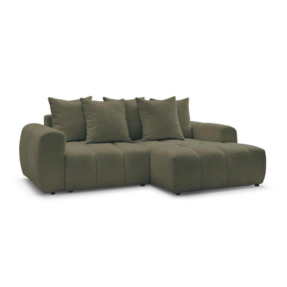 Divano angolare color kaki allungabile/con contenitore (con penisola a destra/con chaise lounge) con rivestimento in bouclé Roxelane – Bobochic Paris | Divani ad angolo