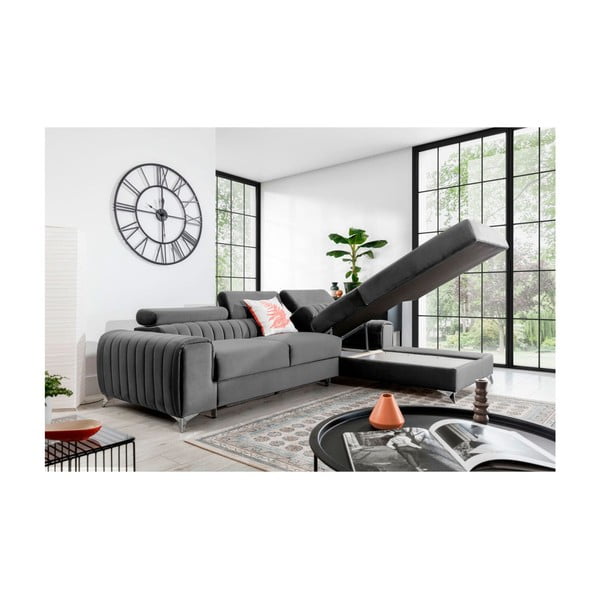 Divano angolare grigio allungabile/con contenitore (con penisola a destra/con chaise lounge) e rivestimento in velluto Grayson – ELTAP-image-3