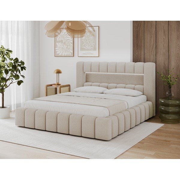Letto matrimoniale imbottito beige con contenitore con rete inclusa 140x200 cm Lamica – ELTAP-image-1