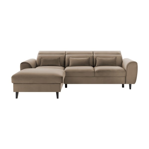 Divano angolare marrone chiaro allungabile/con contenitore (con penisola a sinistra/con chaise lounge) e rivestimento in velluto Foble – ELTAP