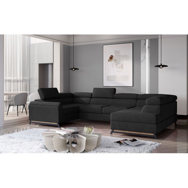 Divano angolare grigio scuro allungabile/con contenitore (con penisola a destra/a U) e rivestimento in velluto Escada – ELTAP-image-1