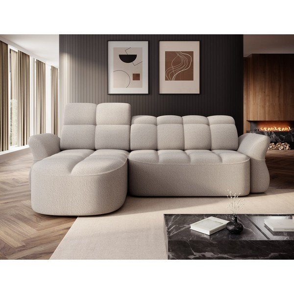 Divano angolare beige allungabile/con contenitore (con penisola a sinistra/con chaise lounge) e rivestimento in bouclé Beneth – ELTAP-image-1
